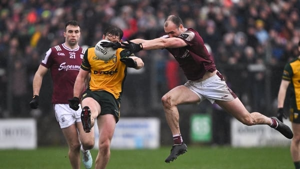 1 March 2026; John Maher of Galway blocks a shot by Hugh McFadden of Donegal during the Allianz Football League Division 1 match between Donegal and Galway at Fr Tierney Park in Ballyshannon, Donegal. Photo by Ramsey Cardy/Sportsfile