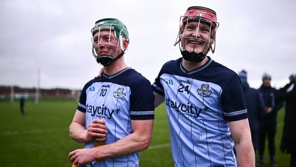 Fergal Whitely, left, and Diarmaid Ó Dúlaing of Dublin celebrate after the Allianz Hurling League Division 1B match between Antrim and Dublin at Corrigan Park in Belfast.