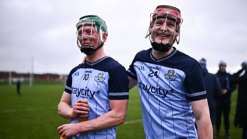 Fergal Whitely, left, and Diarmaid Ó Dúlaing of Dublin celebrate after the Allianz Hurling League Division 1B match between Antrim and Dublin at Corrigan Park in Belfast.