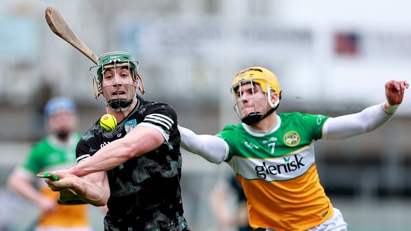 Sean Finn of Limerick in action against Ross Ravenhill of Offaly during the Allianz Hurling League Division 1A match between Offaly and Limerick at Glenisk O'Connor Park in Tullamore, Offaly.