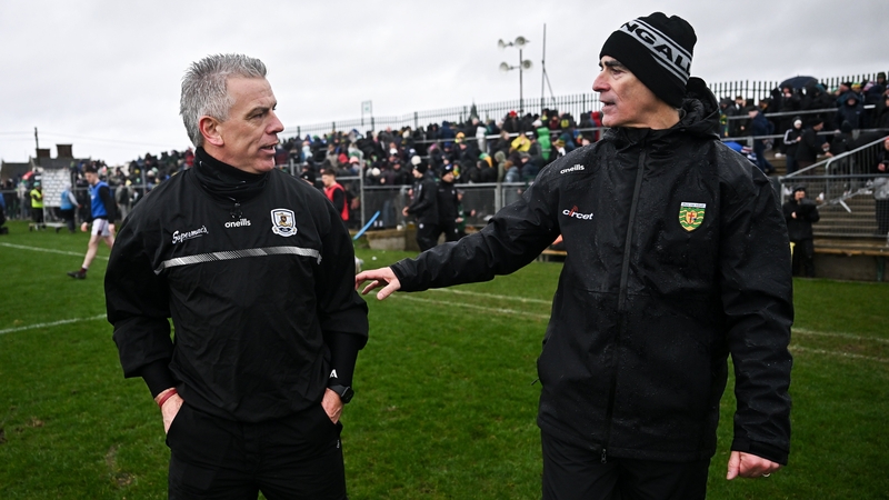 Galway manager Pádraic Joyce, left, and Donegal manager Jim McGuinness chat after the Division 1 clash at Ballyshannon