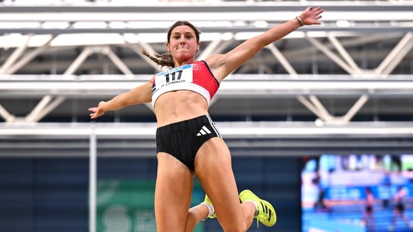 1 March 2026; Kate O'Connor of Dundalk St Gerards AC, Louth, competing in the women's long jump during day two of the 123.ie National Senior Indoor Championships at the National Indoor Arena on the Sport Ireland Campus in Dublin. Photo by Sam Barnes/Sport