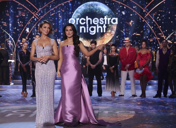 Presenters Jennifer Zamparelli and Laura Fox during the live show of RTE's Dancing With The Stars.Pic:Kyran O'Brien /kobpixNO FEE FOR REPRO During show run++++++FEE applies to Photographs used after Show run finishes.++++++++++