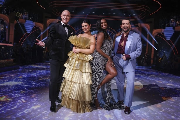 Judges Brian Redmond,Karen Byrne,Oti Mabuse, and Arthur Gourounlian during the live show of RTE's Dancing With The Stars.Pic:Kyran O'Brien /kobpixNO FEE FOR REPRO During show run++++++FEE applies to Photographs used after Show run finishes.++++++++++