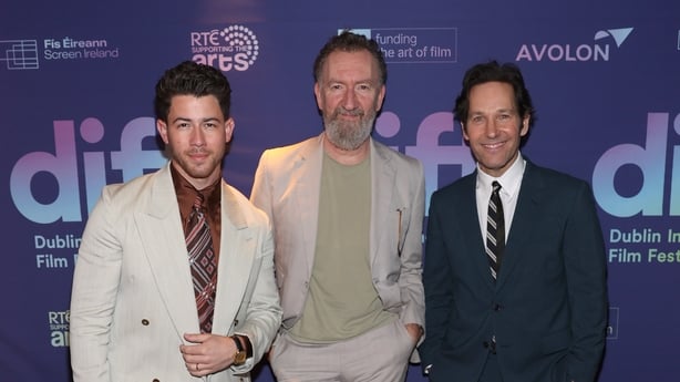Nick Jonas, John Carney and Paul Rudd pictured at the World Premiere of the film Power Ballad at the Bord Gais Energy Theatre