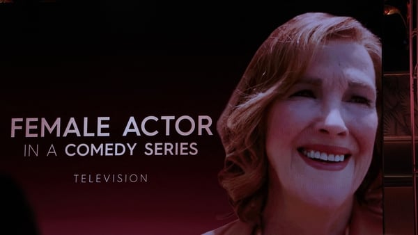 A screen shows late US-Canadian actress Catherine O'Hara after she was awarded with the award for Outstanding Performance by a Female Actor in a Comedy Series for The Studio