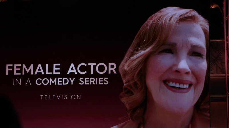 A screen shows late US-Canadian actress Catherine O'Hara after she was awarded with the award for Outstanding Performance by a Female Actor in a Comedy Series for The Studio