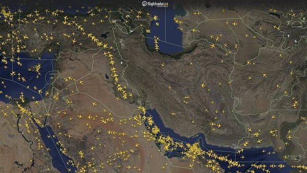 Flightradar24 radar shows airlines avoiding Middle East airspace after US and Israel attack on Iran Feb 2026