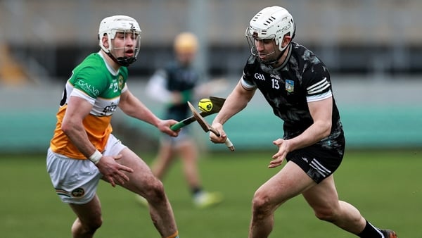 1 March 2026; Aaron Gillane of Limerick in action against David Nally of Offaly during the Allianz Hurling League Division 1A match between Offaly and Limerick at Glenisk O'Connor Park in Tullamore, Offaly. Photo by Thomas Flinkow/Sportsfile