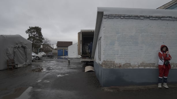 Civilians evacuated from the Donetsk Oblast gather at a temporary shelter in Pavlohrad, Ukraine