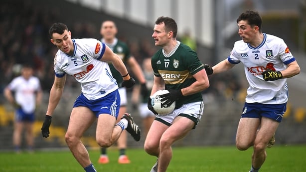 1 March 2026; Tom O'Sullivan of Kerry in action against Cameron Cameron Dowd, left, and Darragh McElearney of Monaghan during the Allianz Football League Division 1 match between Kerry and Monaghan at Fitzgerald Stadium in Killarney, Kerry. Photo by Piaras Ó Mídheach/Sportsfile