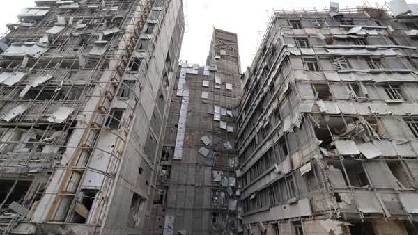 The damaged facade of the Gandi Hospital in Tehran