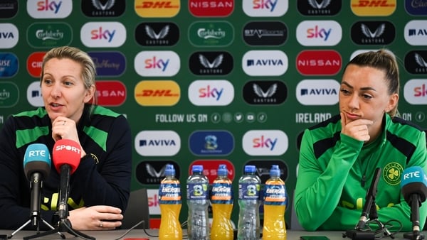 Head coach Carla Ward and Katie McCabe during a Republic of Ireland women media conference at Tallaght Stadium in Dublin.