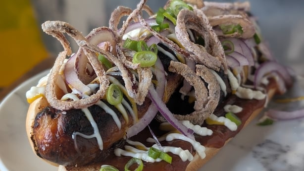 A hot dog loaded with toppings