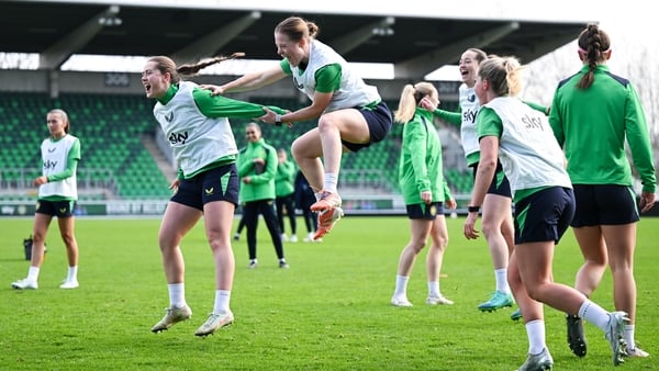 Tyler Toland, left, and Emily Murphy during a Republic of Ireland women training session at Tallaght Stadium in Dublin.