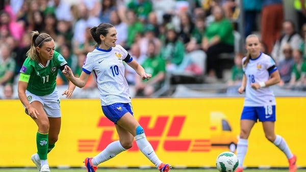 Léa Le Garrec of France in action against Katie McCabe of Republic of Ireland during the 2025 UEFA Women's European Championship qualifying group A match between Republic of Ireland and France at Páirc Uí Chaoimh in Cork.