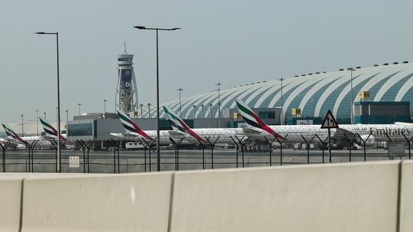 Emirates airline planes on the tarmac at Dubai International Airport