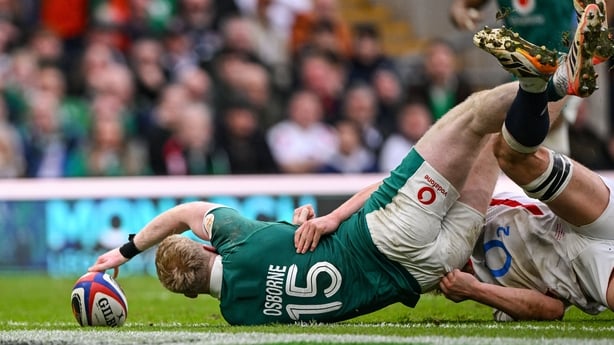 21 February 2026; Jamie Osborne of Ireland scores his side's fifth try during the Guinness 6 Nations Rugby Championship match between England and Ireland at the Allianz Stadium in Twickenham, England. Photo by Ramsey Cardy/Sportsfile