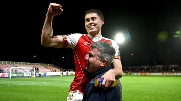  St Patrick's Athletic manager Stephen Kenny lifts his side's winning goalscorer Kian Leavy after game against Galway United, March 2026