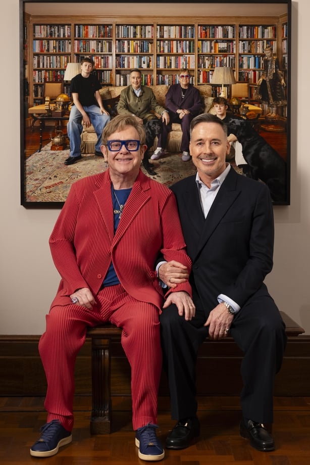 photo issued by National Portrait Gallery�of (left to right) Sir Elton John and David Furnish at the unveiling of Elijah, David, Elton and Zachary (2025) by Catherine Opie, at the National Portrait Gallery in London. The portrait capturing Sir Elton; his husband, filmmaker David Furnish; their two c