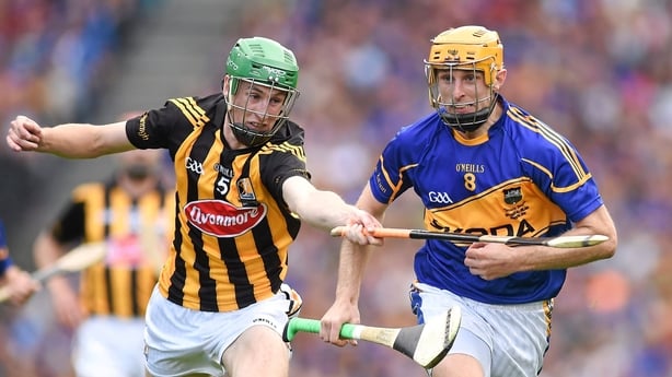 Shane McGrath, Tipperary (r), in action against Joey Holden, Kilkenny, 2024 All-Ireland hurling drawn final