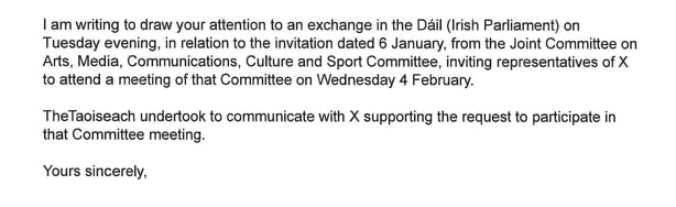 The letter from the Taoiseach's office to X