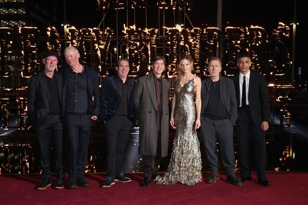 BIRMINGHAM, ENGLAND - MARCH 02: (L-R) Ian Peck, Ned Dennehy, Packy Lee, Cillian Murphy, Rebecca Ferguson, Tim Roth and Jay Lycurgo attend the World Premiere of "Peaky Blinders: The Immortal Man" at Centenary Square on March 02, 2026 in Birmingham, England. (Photo by Tristan Fewings/Getty Images for 