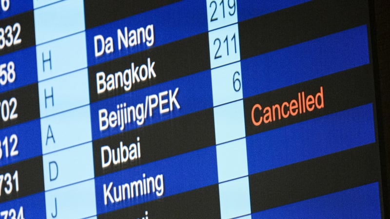 HONG KONG, CHINA - MARCH 02: A cancelled flight to Dubai shown on flight information display at Hong Kong International Airport on March 2, 2026, in Hong Kong, China. (Photo by Sawayasu Tsuji/Getty Images)