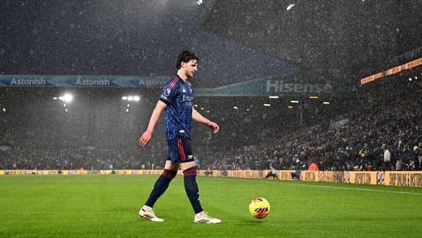 LEEDS, ENGLAND - JANUARY 31: Declan Rice of Arsenal walks to take a corner during the Premier League match between Leeds United and Arsenal at Elland Road on January 31, 2026 in Leeds, England. (Photo by David Price/Arsenal FC via Getty Images)