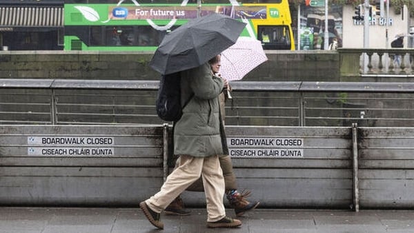 Two people with umbrellas are seen walking while it's raining in Dublin city centre
