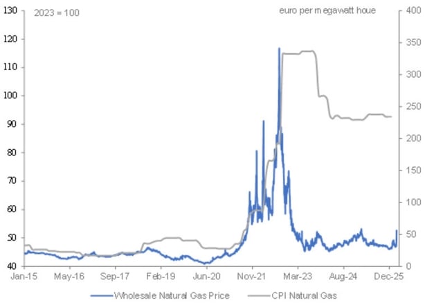 The Irish wholesale price of natural gas in blue and the price charged to consumers in grey, according to the Central Statistics Office.