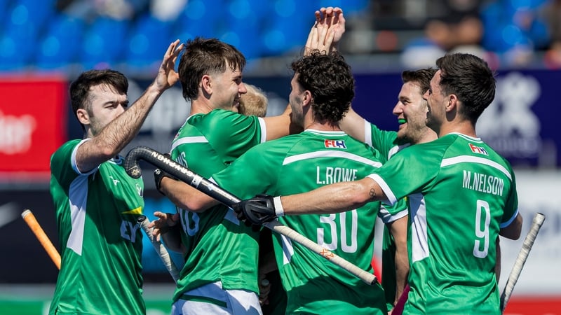 Santiago - 2026 FIH Hockey World Cup Qualifiers06 Korea v Ireland (Pool B)Picture: Gregory Williams player of Ireland celebrates with teammates after scoring the team’s first goal COPYRIGHT WORLDSPORTPICS Rodrigo JaramilloNo archive allowed