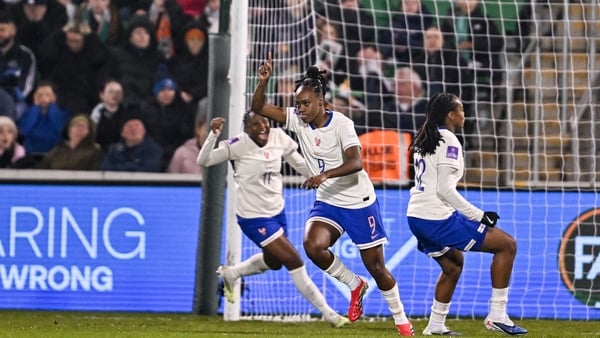 Melvine Malard of France celebrates after scoring her side's first goal during the 2027 FIFA Women’s World Cup Qualifier match between Republic of Ireland and France at Tallaght Stadium in Dublin