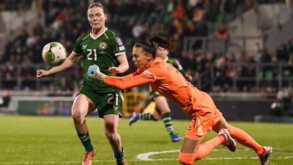Republic of Ireland striker Emily Murphy in action against France goalkeeper Constance Picaud
