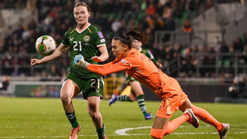 Republic of Ireland striker Emily Murphy in action against France goalkeeper Constance Picaud