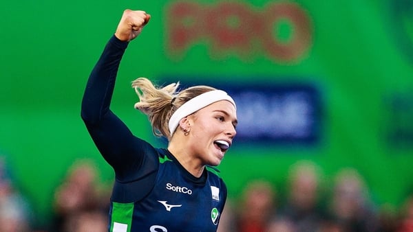 14 December 2025; Caoimhe Perdue of Ireland celebrates after scoring her side's first goal during the FIH Women's Hockey Pro League match between Ireland and England at the Sport Ireland Campus in Dublin. Photo by Thomas Flinkow/Sportsfile
