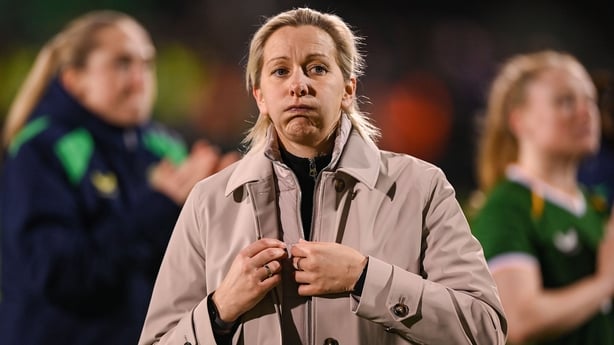 Republic of Ireland head coach Carla Ward reacts after her side's defeat in the 2027 FIFA Women's World Cup Qualifier match between Republic of Ireland and France at Tallaght Stadium in Dublin. 