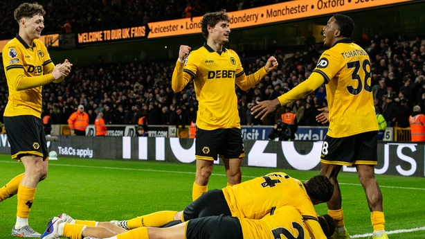 WOLVERHAMPTON, ENGLAND - MARCH 3: Wolverhampton Wanderers' Andre celebrates scoring his side's second goal with team mate Joao Gomes during the Premier League match between Wolverhampton Wanderers and Liverpool at Molineux on March 3, 2026 in Wolverhampton, England. (Photo by Andrew Kearns - CameraS