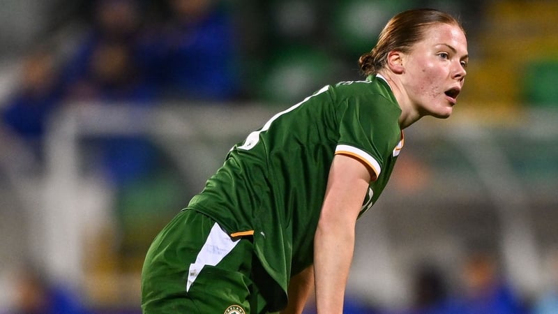 Emily Murphy of Republic of Ireland reacts to a shot on goal during the 2027 FIFA Women’s World Cup Qualifier match between Republic of Ireland and France at Tallaght Stadium in Dublin.