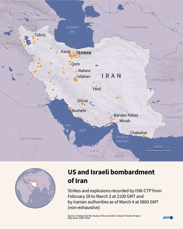 Infographic with a map of Iran showing US and Israeli strikes and explosions