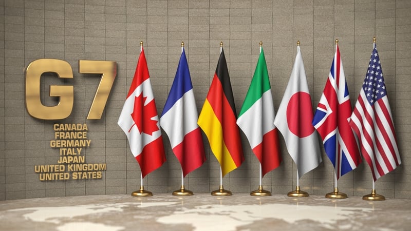 Row from flags of members of G7 group of seven and list of countries