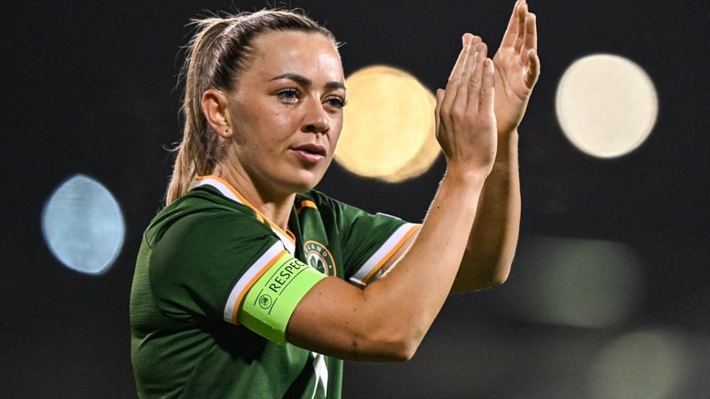 Katie McCabe of Republic of Ireland applauds supporters after her side's defeat in the 2027 FIFA Women’s World Cup Qualifier match between Republic of Ireland and France at Tallaght Stadium in Dublin.