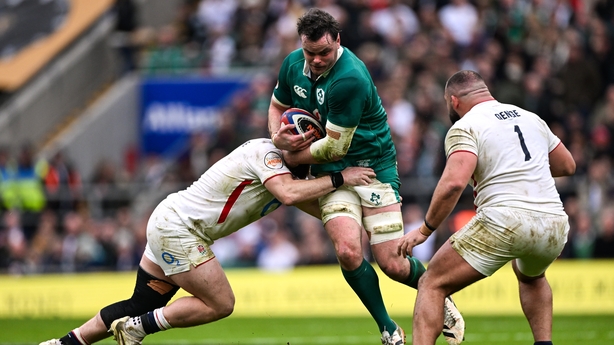 21 February 2026; James Ryan of Ireland is tackled by Luke Cowan-Dickie of England during the Guinness 6 Nations Rugby Championship match between England and Ireland at the Allianz Stadium in Twickenham, England. Photo by Ramsey Cardy/Sportsfile