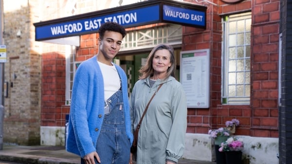 Joshua Vaughan as Josh and Dawn Steele as Sandra outside Walford Tube Station Photo: BBC/Jack Barnes/Kieron McCarron