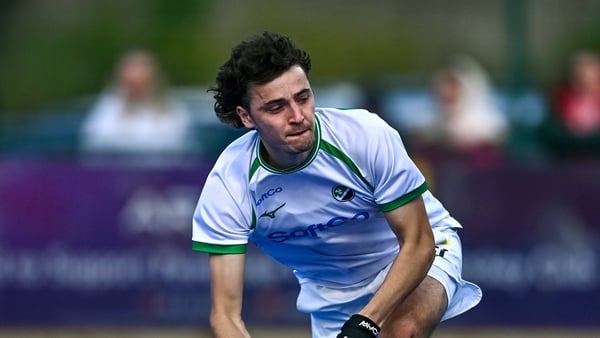 Louis Rowe of Ireland during the Men's International Hockey match between Ireland and India at Pembroke Wanderers Hockey Club in Dublin.