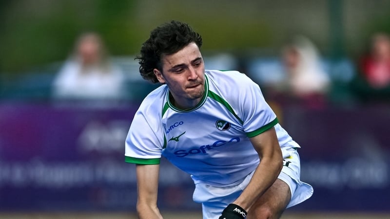 Louis Rowe of Ireland during the Men's International Hockey match between Ireland and India at Pembroke Wanderers Hockey Club in Dublin.