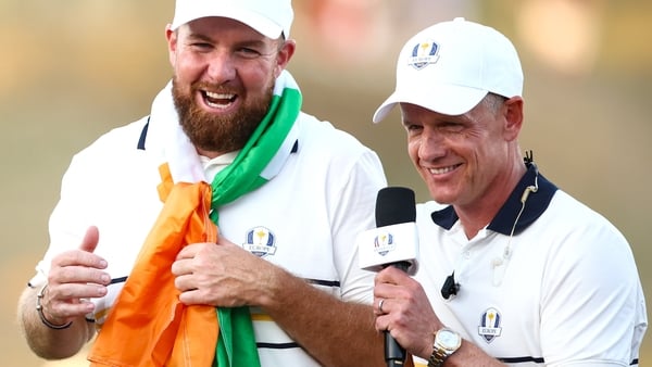 Europe captain Luke Donald, right, and Shane Lowry of Europe on day three of the 2025 Ryder Cup at Black Course at Bethpage State Park Golf Course in Farmingdale, New York, USA.