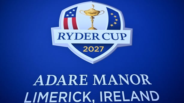 A general view of signage for the 2027 Ryder Cup, being held in Adare Manor in Limerick, Ireland, before the 2023 Ryder Cup at Marco Simone Golf and Country Club in Rome, Italy.