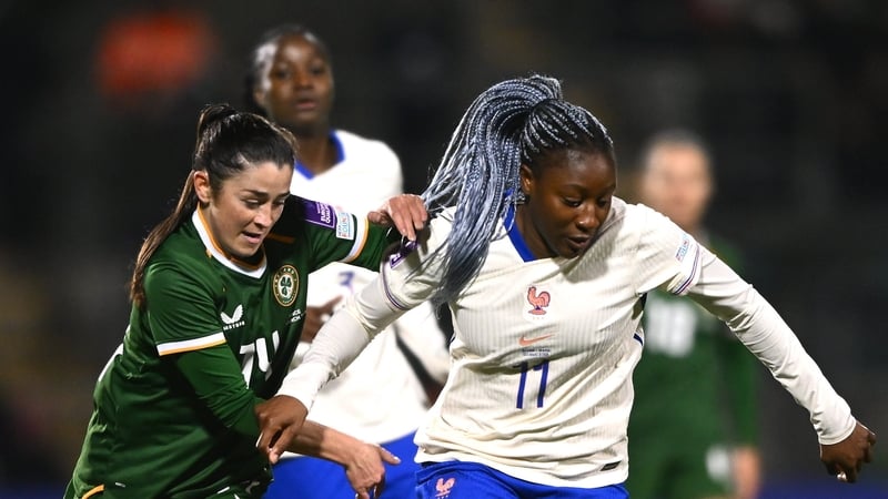 Kadidiatou Diani of France in action against Marissa Sheva of Republic of Ireland during the 2027 FIFA Women’s World Cup Qualifier match between Republic of Ireland and France at Tallaght Stadium in Dublin.