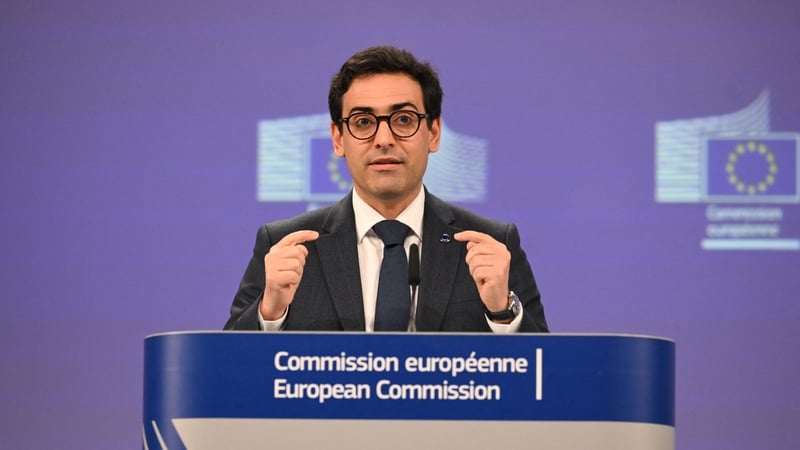 EU Executive Vice-President for Prosperity and Industrial Strategy Stephane Sejourne gives a press conference to unveil EU "Industrial accelerator Act" at the EU Commission headquarters in Brussels on March 4, 2026. (Photo by Nicolas TUCAT / AFP)